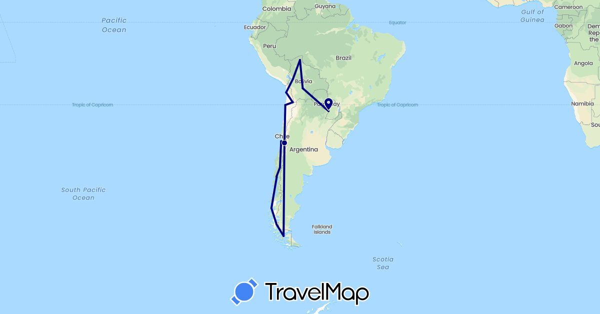 TravelMap itinerary: driving in Bolivia, Chile, Paraguay (South America)